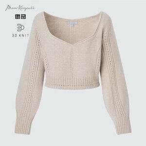 UNIQLO & Mame Kurogouchi - Women's Beige V-Neck Cropped 3D Knit Sweater